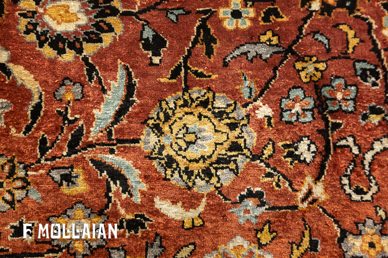 فرش کم نظیر ابریشمی آنتیک هندی کشمیر با رنگ بژ کد:۶۵۳۶۰۹۴۴